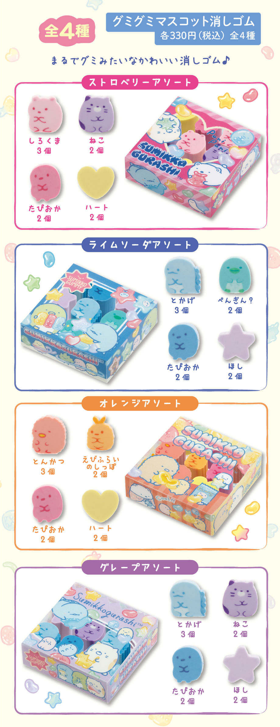 グミグミマスコット消しゴム 各330円（税込）全4種