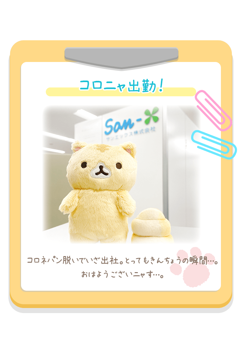 コロニャ出勤！コロネパン脱いでいざ出社。とってもきんちょうの瞬間…。
おはようございニャす…。
