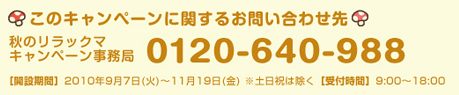 ̃Ly[Ɋւ邨₢킹 H̃bN}Ly[ 0120-640-988 mJ݊ԁn2010N97()`1119() yj͏ mtԁn9:00`18:00
