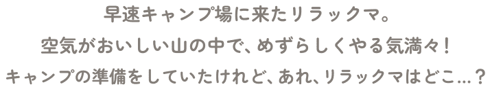 早速キャンプ場に来たリラックマ。空気がおいしい山の中で、めずらしくやる気満々！キャンプの準備をしていたけれど、あれ、リラックマはどこ…？