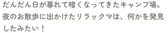 だんだん日が暮れて暗くなってきたキャンプ場。夜のお散歩に出かけたリラックマは、何かを発見したみたい！