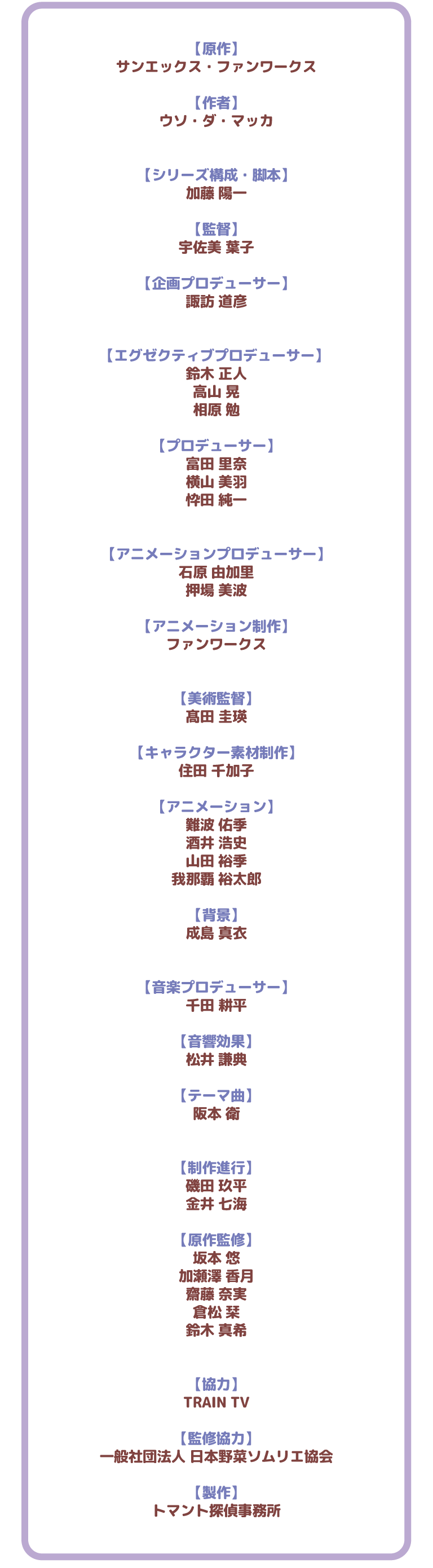 【原作】サンエックス・ファンワークス
【作者】
ウソ・ダ・マッカ
【シリーズ構成・脚本】
加藤 陽一
【監督】
宇佐美 葉子
【企画プロデューサー】
諏訪 道彦
【エグゼクティブプロデューサー】 
鈴木 正人
高山 晃
相原 勉
【プロデューサー】
富田 里奈
横山 美羽
忰田 純一
【アニメーションプロデューサー】
石原 由加里
押場 美波
【アニメーション制作】
ファンワークス
【美術監督】
髙田 圭瑛
【キャラクター素材制作】
住田 千加子
【アニメーション】
難波 佑季
酒井 浩史
山田 裕季
我那覇 裕太郎
【背景】
成島 真衣
【音楽プロデューサー】
千田 耕平
【音響効果】
松井 謙典
【テーマ曲】
阪本 衛
【制作進行】
磯田 玖平
金井 七海
【原作監修】
坂本 悠
加瀬澤 香月
齋藤 奈実
倉松 栞
鈴木 真希
【協力】
TRAIN TV
【監修協力】
一般社団法人 日本野菜ソムリエ協会
【製作】
トマント探偵事務所