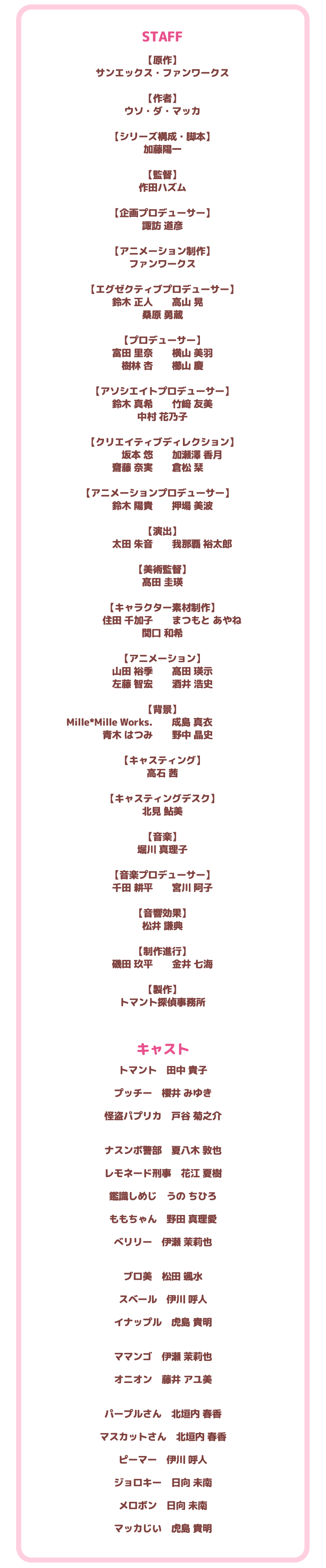 ★STAFF
 
【原作】
サンエックス・ファンワークス
 
【作者】
ウソ・ダ・マッカ
 
【シリーズ構成・脚本】
加藤陽一
 
【監督】
作田ハズム
 
【企画プロデューサー】
諏訪 道彦
 
【アニメーション制作】
ファンワークス
 
【エグゼクティブプロデューサー】
鈴木 正人
高山 晃　
桑原 勇蔵
 
【プロデューサー】
富田 里奈
横山 美羽
樹林 杏
櫛山 慶
 
【アソシエイトプロデューサー】
鈴木 真希
竹﨑 友美
中村 花乃子
 
【クリエイティブディレクション】
坂本 悠
加瀬澤 香月
齋藤 奈実
倉松 栞　
 
【アニメーションプロデューサー】	
鈴木 陽貴
押場 美波
 
【演出】
太田 朱音
我那覇 裕太郎
 
【美術監督】
髙田 圭瑛
 
【キャラクター素材制作】
住田 千加子
まつもと あやね
関口 和希
 
【アニメーション】
山田 裕季
髙田 瑛示
左藤 智宏
酒井 浩史
 
【背景】
Mille*Mille Works.
成島 真衣　　　　　
青木 はつみ
野中 晶史　
 
【キャスティング】
高石 茜
 
【キャスティングデスク】
北見 鮎美
 
【音楽】
堀川 真理子
 
【音楽プロデューサー】
千田 耕平
宮川 阿子
 
【音響効果】
松井 謙典
 
【制作進行】
磯田 玖平
金井 七海
 
【製作】
トマント探偵事務所
 

★キャスト
 
トマント　田中 貴子
プッチー　櫻井 みゆき
怪盗パプリカ　戸谷 菊之介
 
ナスンボ警部　夏八木 敦也
レモネード刑事　花江 夏樹
鑑識しめじ　うの ちひろ
ももちゃん　野田 真理愛
べリリー　伊瀬 茉莉也
ブロ美　松田 颯水
スベール　伊川 呼人
イナップル　虎島 貴明
 
ママンゴ　伊瀬 茉莉也
オニオン　藤井 アユ美
 
パープルさん　北垣内 春香
マスカットさん　北垣内 春香
ピーマー　伊川 呼人
ジョロキー　日向 未南
メロボン　日向 未南
マッカじい　虎島 貴明