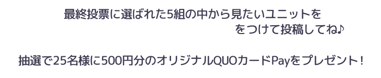 最終投票に選ばれた5組の中から見たいユニットを
「#サンエックス ユニットふぇすた」をつけて投稿してね♪
抽選で25名様に500円分のオリジナルQUOカードPayをプレゼント！